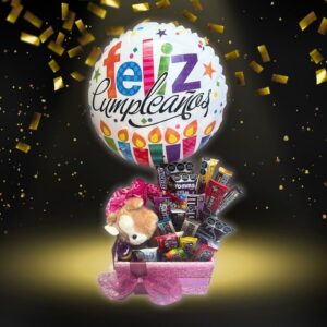 canasta de dulces con peluche y globo